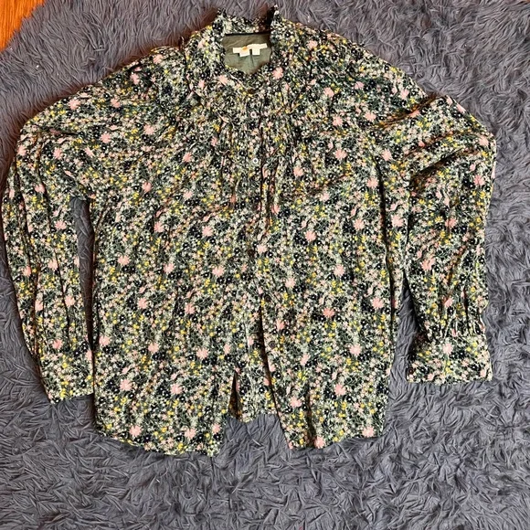 Boden Ditsy Floral Print Green Peasant Style Button Down Shirt Blouse Size 14 - Picture 1 of 5
